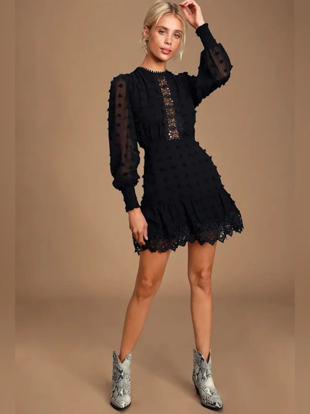 Lulus Black Swiss Dot Lace Long Sleeve Mini Dress S - Picture 2 of 10